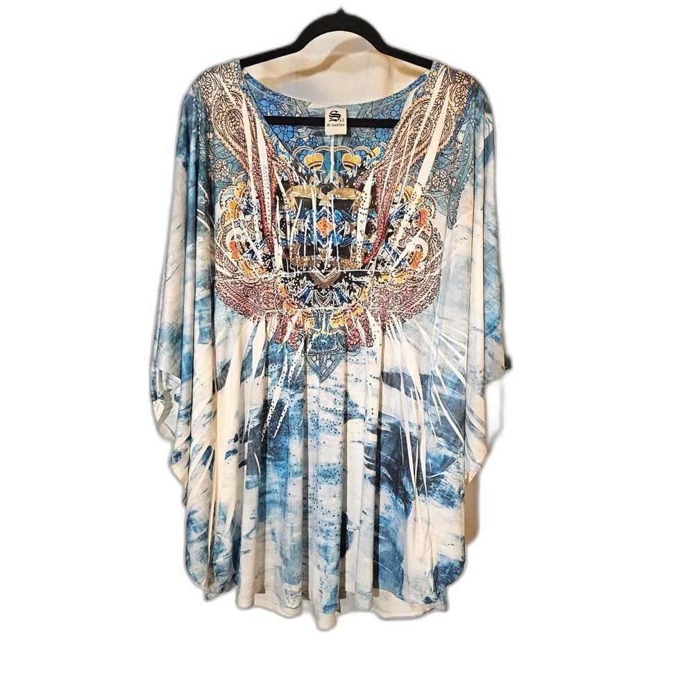S12 Batwing Top Large/XL Crystal Embellished Tie Dye Boho Swim Coverup